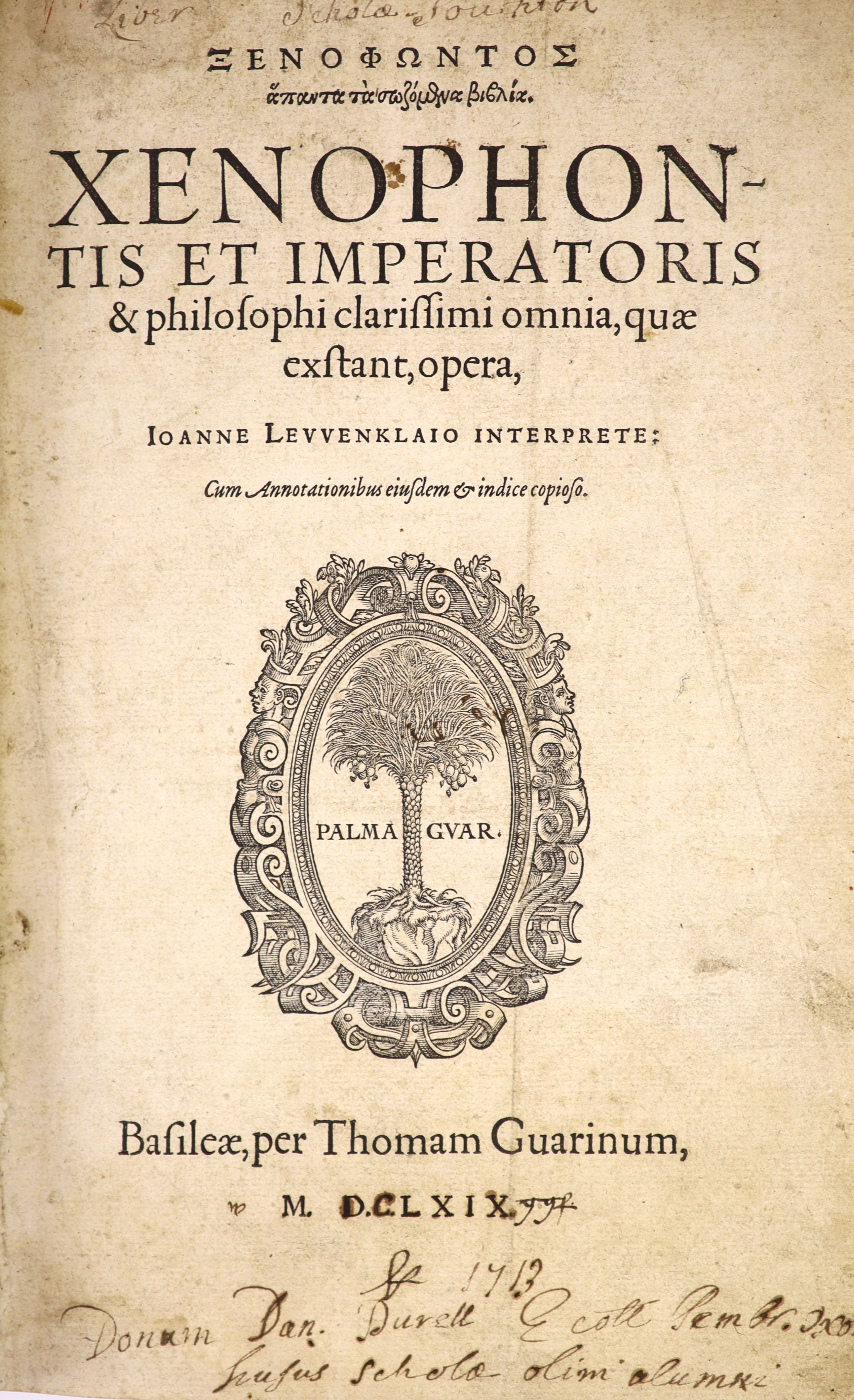 Xenophon - (Greek Title) Xenophontis et Imperatoris & Philosophi Clarissimi Omnia, quae exstant, opera, Ioanne Lewenklaio interprete ... engraved title device; old half calf and marbled boards, gilt panelled spine, folio